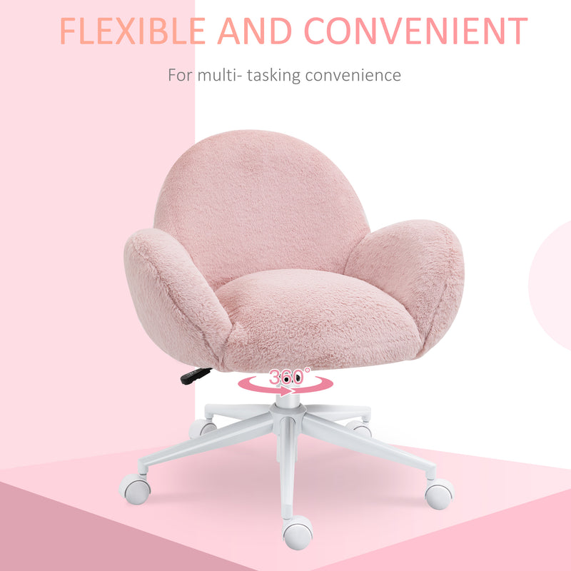 Fluffy Leisure Chair Office Chair with Backrest and Armrest for Home Bedroom Living Room with Wheels Pink