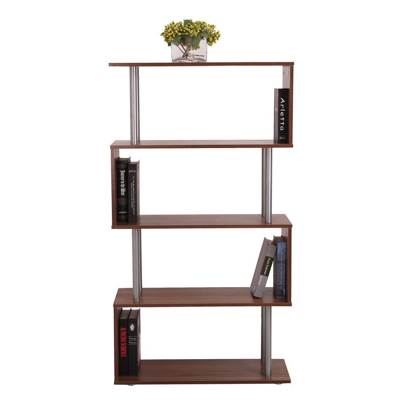 4-Tires Wooden Bookcase S Shape Storage Bookshelf Display for Living Room, Bedroom, Office with Steel Frame, Walnut