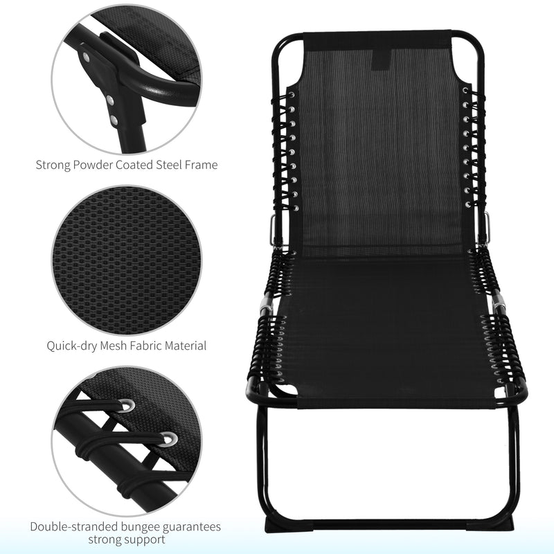 Folding Garden Lounger w/ 4 Position Adjustable Back &100% PVC fabric, Garden Reclining Cot Camping Hiking Recliner, 197L x 58W x 78H, Black