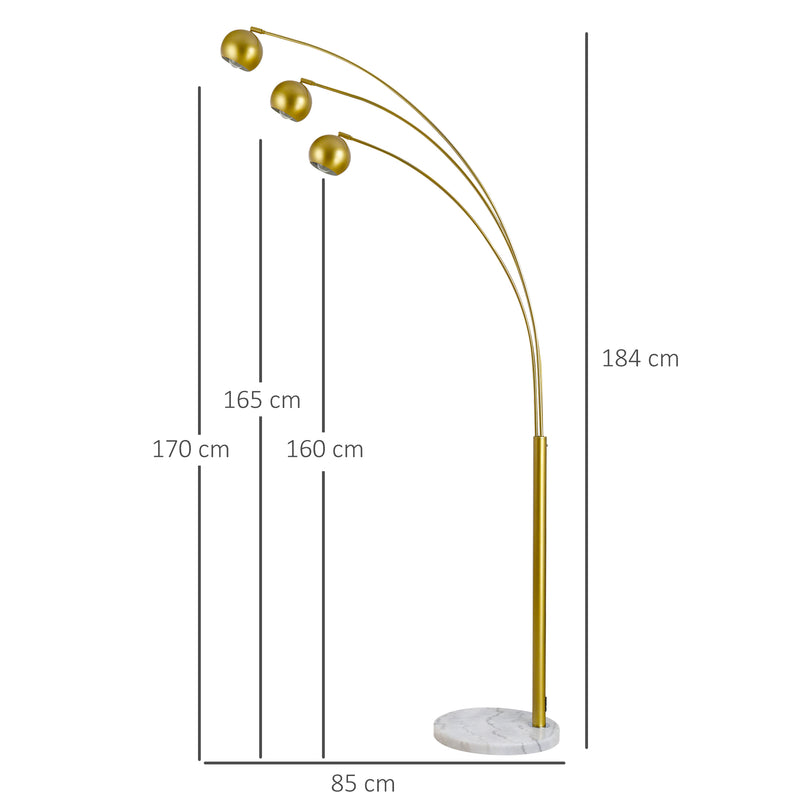 3-Branch Futuristic Floor Lamp Metal Frame Multi-Light Shade Adjustable Rotating w/ Marble Base, 198cm, Gold
