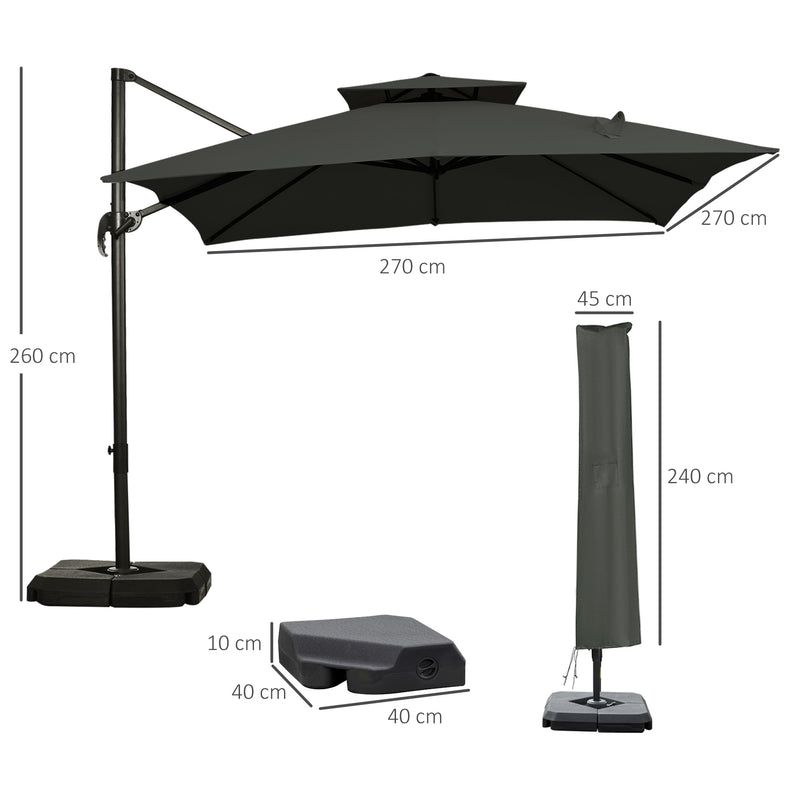 3 x 3(m) Garden Cantilever Roma Parasol with Crank and Tilt, Square Overhanging Patio Umbrella with 360° Rotation, Sun Shade Canopy with Base