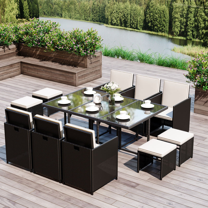 11PC Rattan Garden Furniture Outdoor Patio Dining Table Set Weave Wicker 10 Seater Stool Black