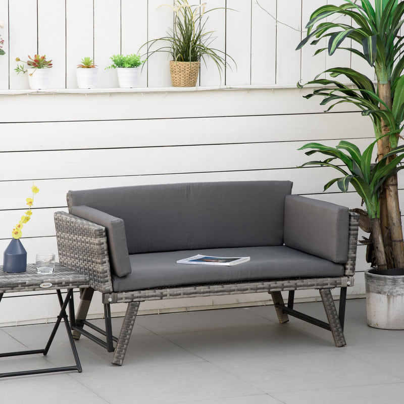 2 Seater Rattan Folding Daybed Sofa Bench Garden Chaise Lounger Loveseat with Cushion Outdoor Patio Grey