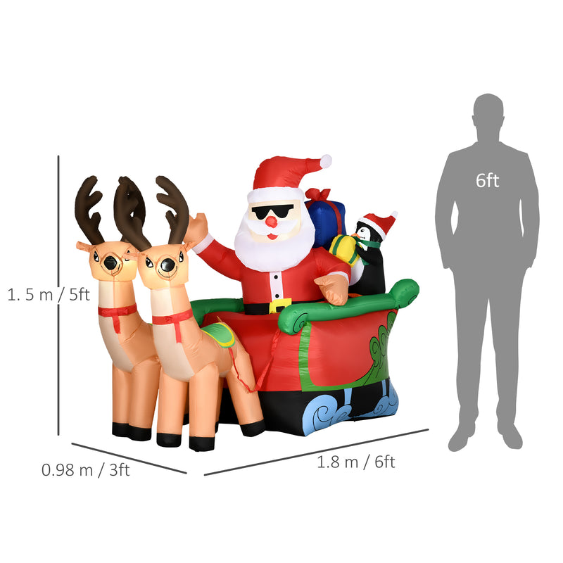 6ft Inflatable Christmas Santa Claus and Penguin on Sleigh with 2 Reindeer, Blow-Up Outdoor LED Yard Display