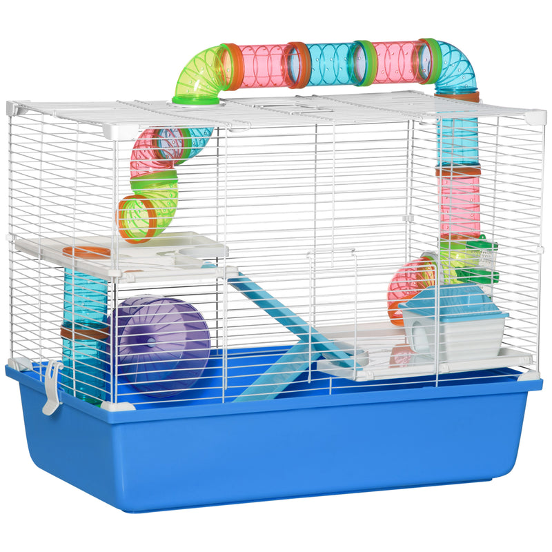 Large Hamster Cage, 3-Level Small Rodents House, with Tube Tunnel, Exercise Wheel, Water Bottle, Food Dish, Ramps, Hut, 59 x 36 x 47 cm, Blue
