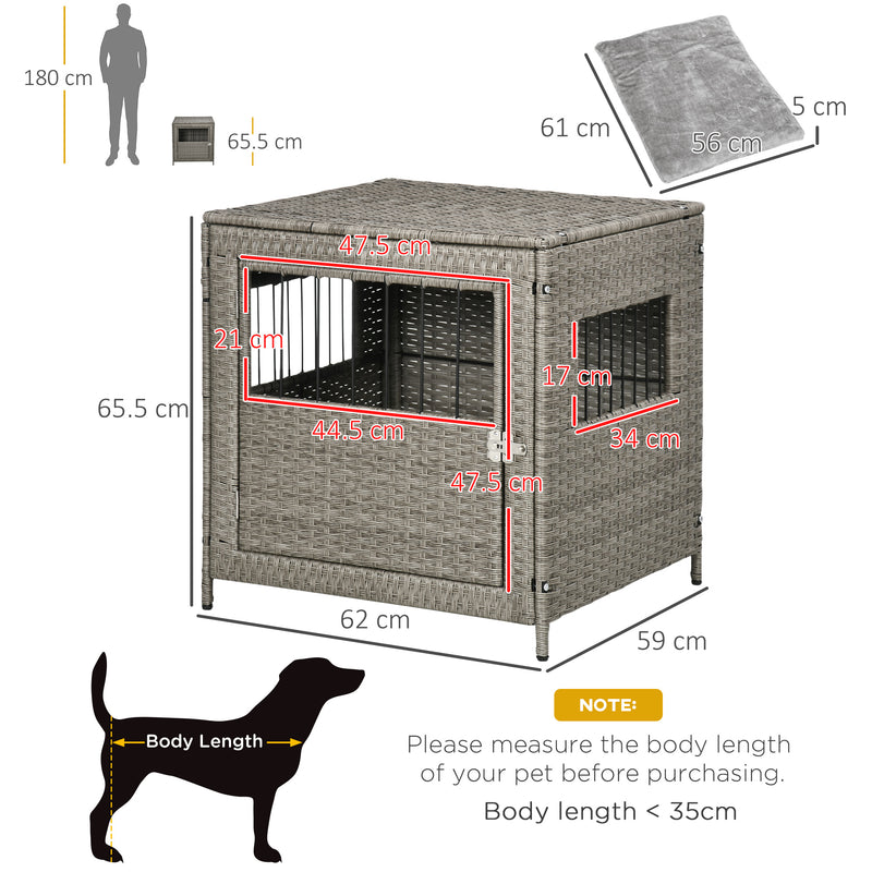 Wicker Dog Cage, Dog Crate with Lockable Door and Soft Washable Cushion for Small Sized Dogs, 62 x 59 x 66 cm, Grey