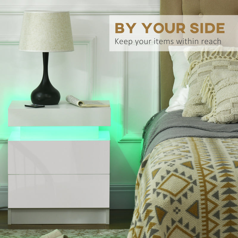 White Bedside Cabinets with LED Light, High Gloss Front Nightstand with 2 Drawers, for Living Room, Bedroom