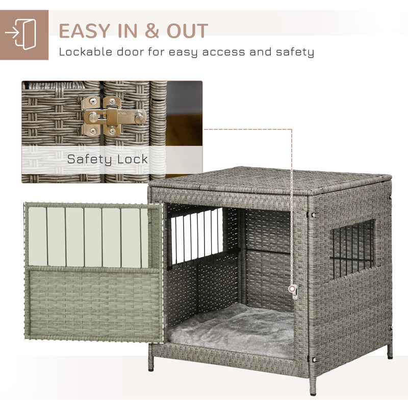 Wicker Dog Cage, Dog Crate with Lockable Door and Soft Washable Cushion for Small Sized Dogs, 62 x 59 x 66 cm, Grey