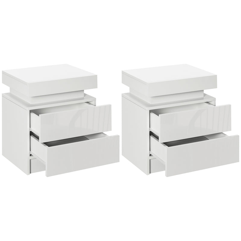 White Bedside Table with LED Light, High Gloss Front Nightstand with 2 Drawers, for Living Room, Bedroom