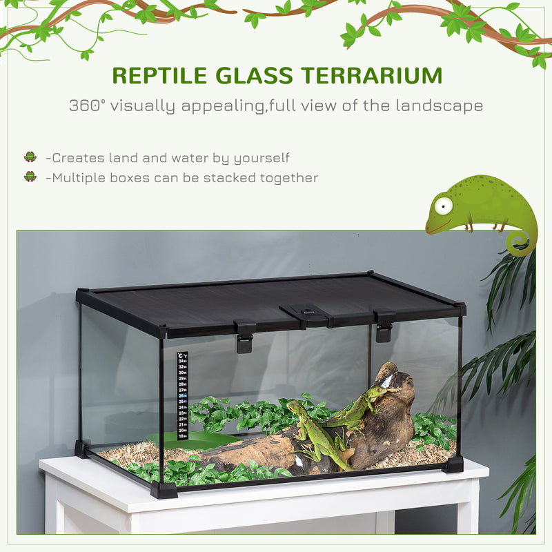 50 x 30 x 25 cm Reptile Glass Terrarium, Reptile Breeding Tank, Climbing pet Glass Containers, Arboreal Box, with Strip Patch Thermometer-Black