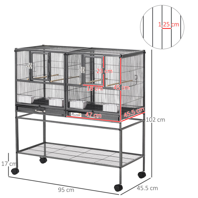 Double Rolling Metal Bird Cage Parrot Cage with Removable Metal Tray, Storage Shelf, Wood Perch, and Food Container