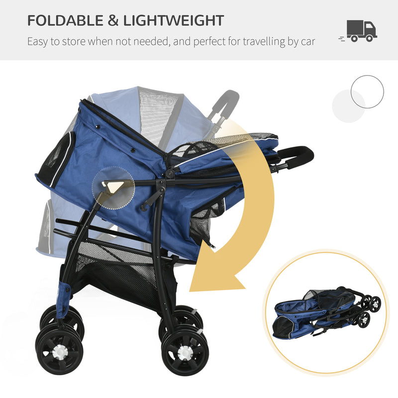 Pet Stroller, Dog Cat Travel Carriage, Foldable Carrying Bag with Large Carriage, Universal Wheels, Brake Canopy, Basket Storage Bag Dark Blue