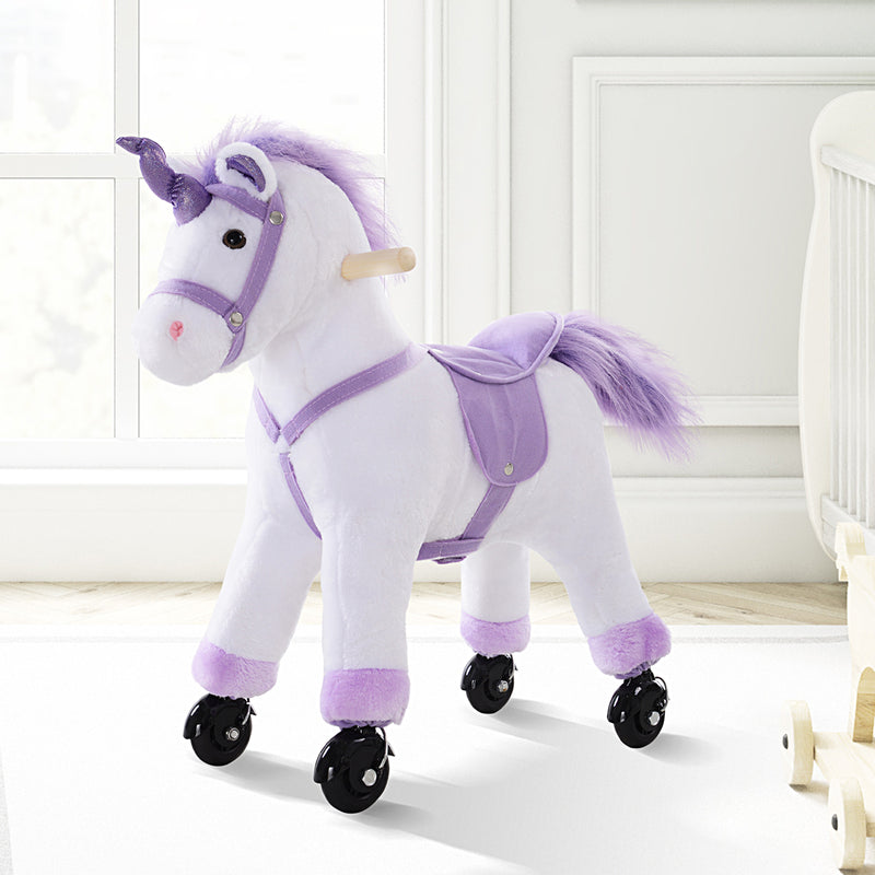 Four Wheel Sit-On Unicorn Horse Neigh Button Plush Safe Seat Handlebar Wood Frame