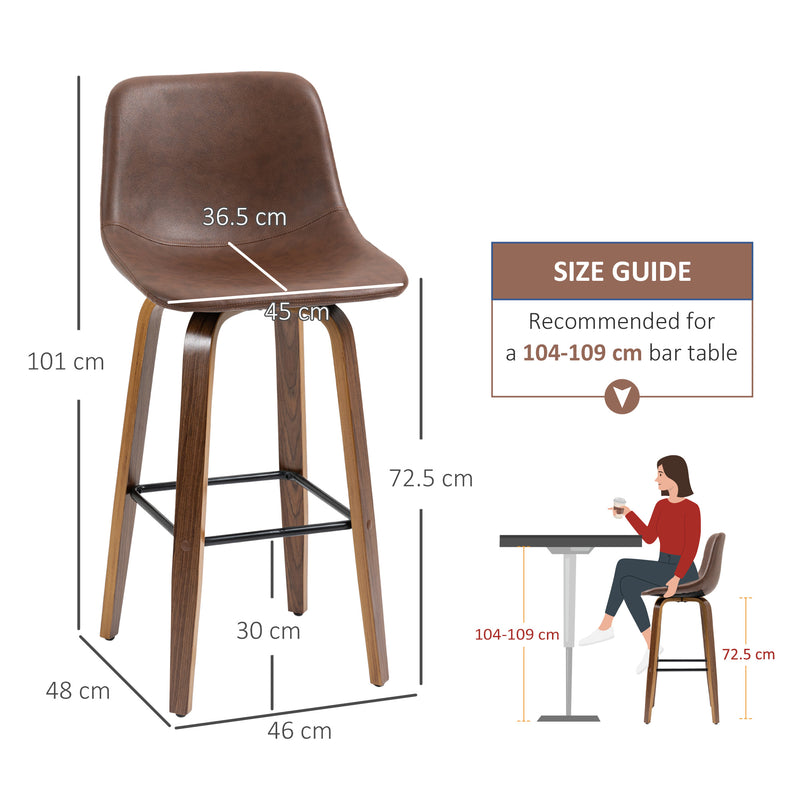 Bar Stools Set of 2, Breakfast Bar Chairs, PU Leather Upholstered Kitchen Stools w/ Backs, Wood Legs for 89-99cm Bar Table, Brown