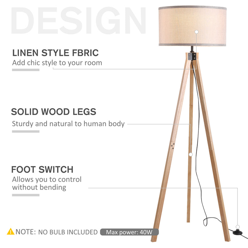 5FT Elegant Wood Tripod Floor Lamp Free Standing E27 Bulb Lamp Versatile Use for Home Office - Grey