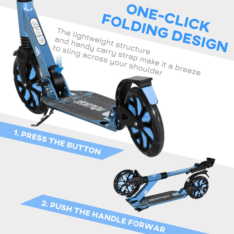 One-click Folding Kick Scooter w/ Adjustable Handlebar, Push Scooter with Kickstand, Dual Shock Absorber, 200mm Wheels & ABEC-9 Bearing, Blue