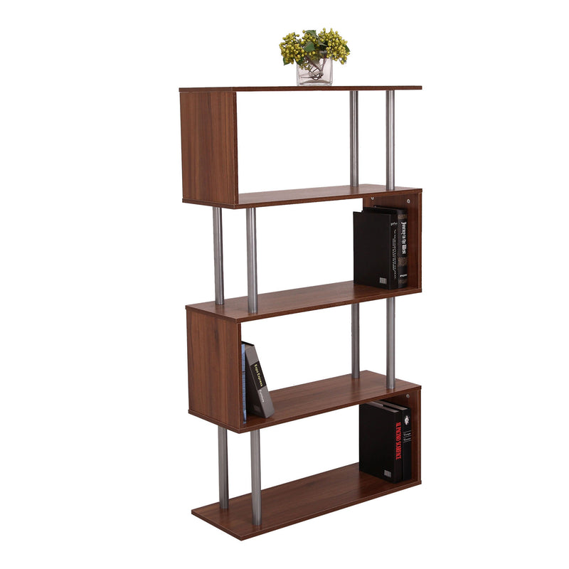 4-Tires Wooden Bookcase S Shape Storage Bookshelf Display for Living Room, Bedroom, Office with Steel Frame, Walnut