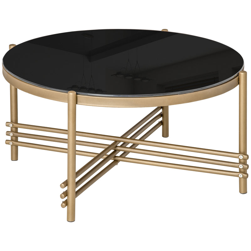Round Coffee Table with Tempered Glass Top and Golden Metal Legs, Accent Cocktail Table for Living Room