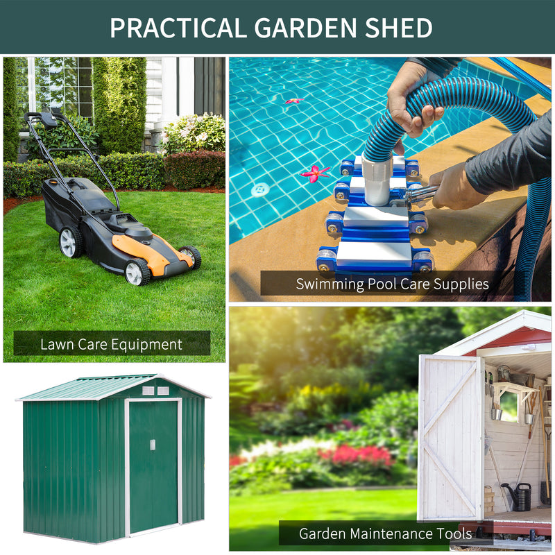 7ft x 4ft Lockable Garden Shed Large Patio Roofed Tool Metal Storage Building Foundation Sheds Box Outdoor Furniture, Green