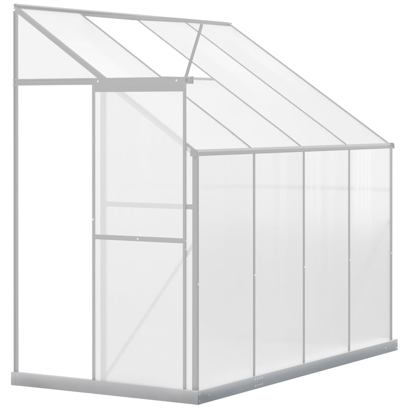 Walk-In Lean to Greenhouse Garden Heavy Duty Aluminium Polycarbonate with Roof Vent for Plants Herbs Vegetables, Silver, 253 x 127 x 220 cm