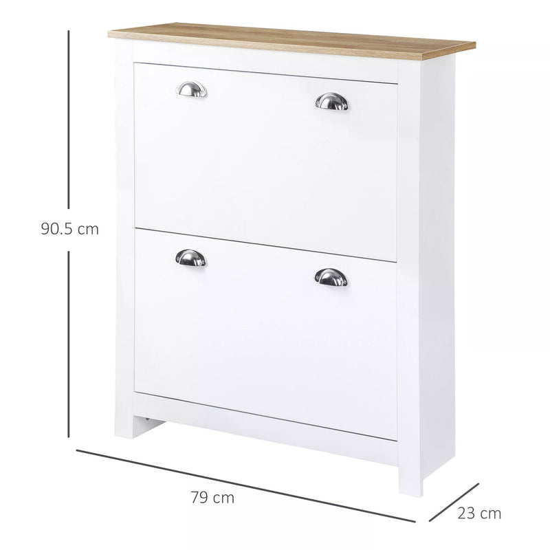 2 Drawer Shoe Cabinet Modern Narrow Shoe Cupboard Hallway Wooden Storage Organiser with Flip Doors Adjustable Shelf for 12 Pairs White