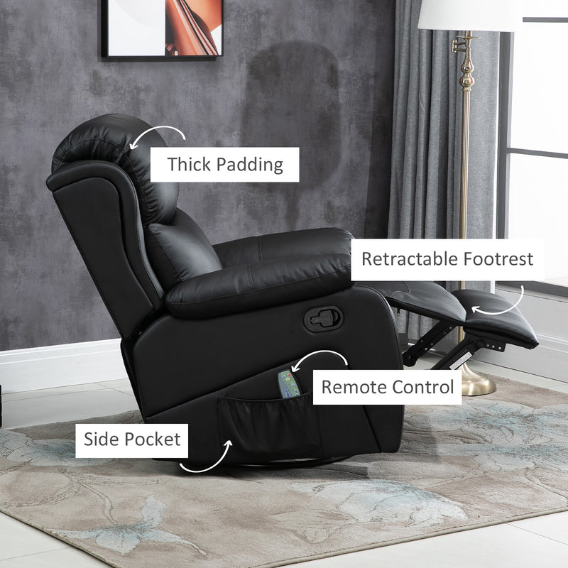 PU Leather Reclining Chair with 8 Massage Points and Heat, Manual Recliner with Swivel Base, Footrest and Remote, Black