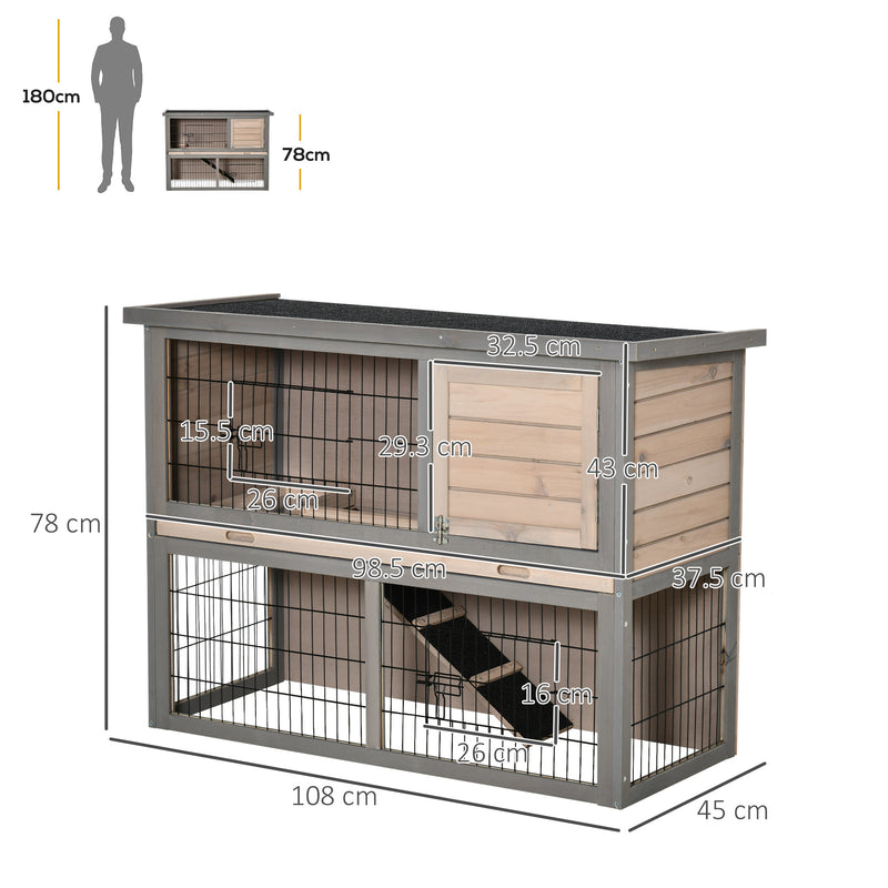 Rabbit Hutch Bunny Cage Small Animal House with Sliding Tray, Run, Openable Top, Ramp, for Indoor Outdoor, Grey 108x45x78 cm