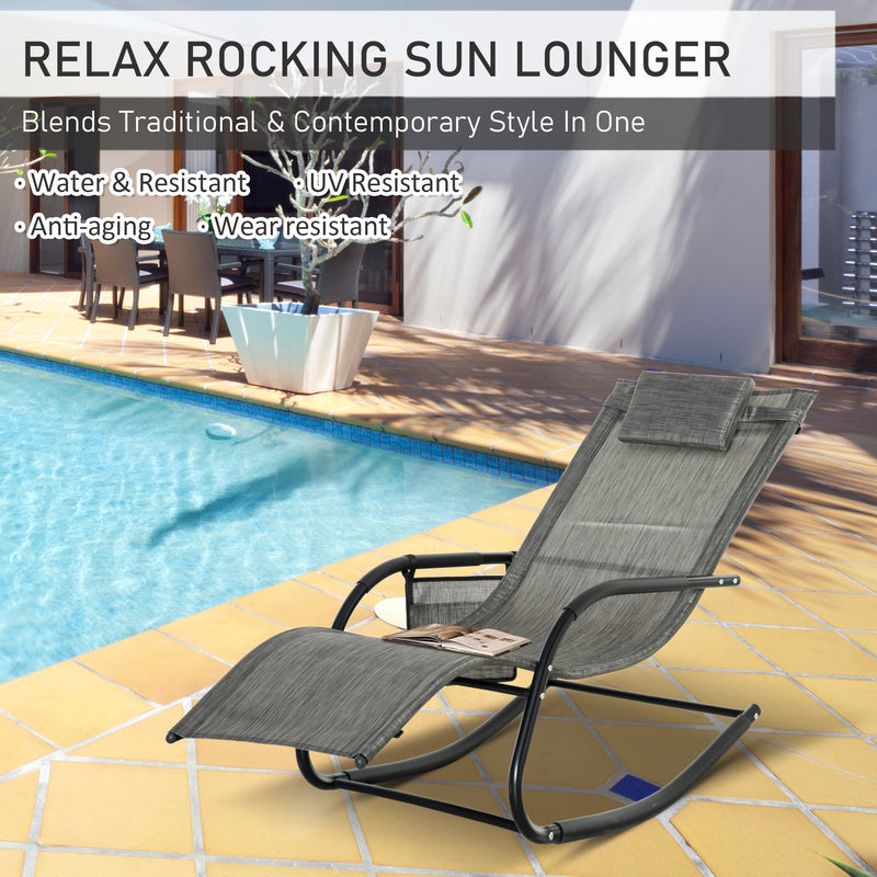 Breathable Mesh Rocking Chair Patio Rocker Lounge for Indoor & Outdoor Recliner Seat w/ Removable Headrest for Garden and Patio Dark Grey
