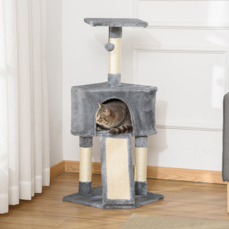 Cats 3-Tier Sisal Rope Scratching Post w/ Dangle Toy Grey