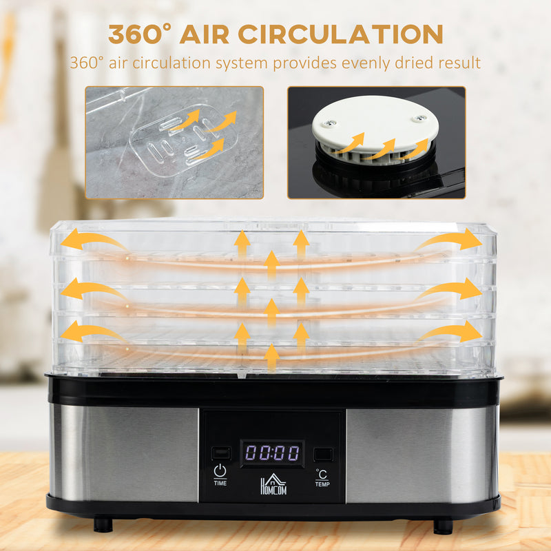 5 Tier Food Dehydrator, 245W Stainless Steel Food Dryer Machine with Adjustable Temperature, Timer and LCD Display for Drying Fruit, Silver