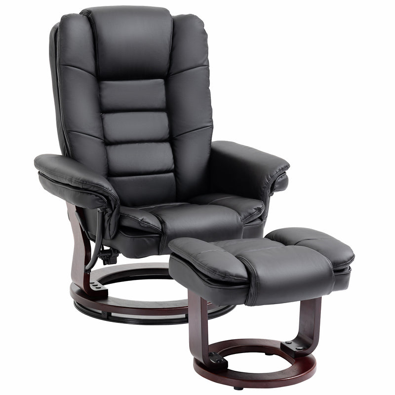 Manual Recliner and Footrest Set PU Leather Leisure Lounge Chair Armchair with Swivel Wood Base, Black