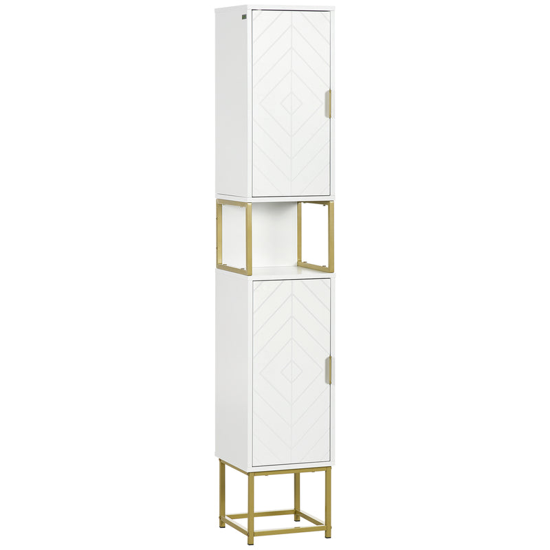 Narrow Bathroom Storage Cabinet, Freestanding Tallboy Storage Unit Floor Cabinet Slim Corner Organizer w/Adjustable Shelf Steel Base, White