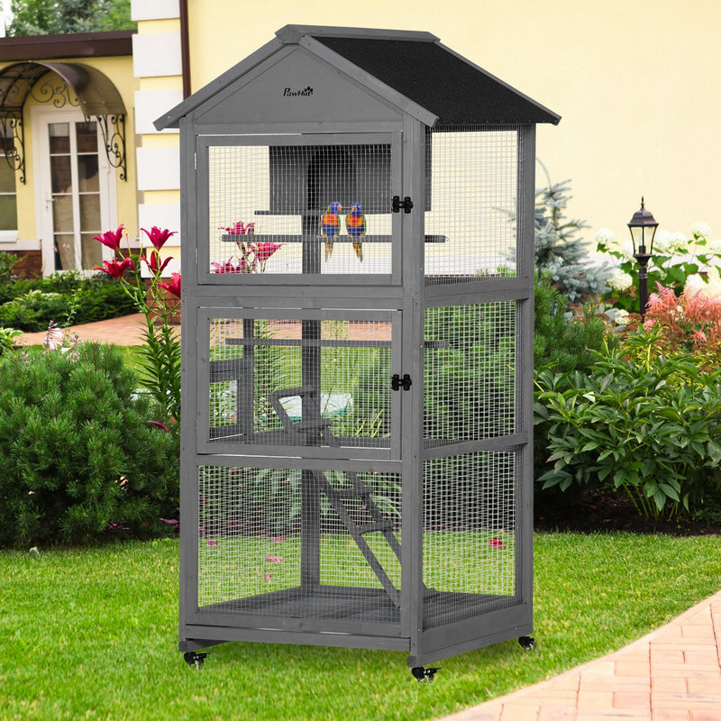 Bird Cage Mobile Wooden Aviary House for Canary Cockatiel Parrot with Wheel Perch Nest Ladder Slide-out Tray 86 x 78 x 180cm Dark Grey