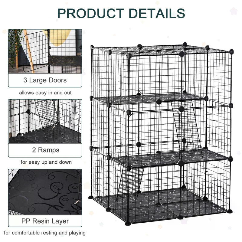 Pet Playpen DIY Small Animal Cage Enclosure Metal Wire Fence 39 Panels with 3 Doors 2 Ramps for Kitten Bunny Chinchilla Pet Mink Black by PawHut