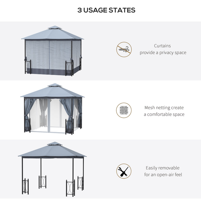 4 x 3.35(m) Patio Metal Gazebo Canopy Garden Tent Sun Shade, Outdoor Shelter with 2 Tier Roof, Netting and Curtains, Steel Frame, Grey