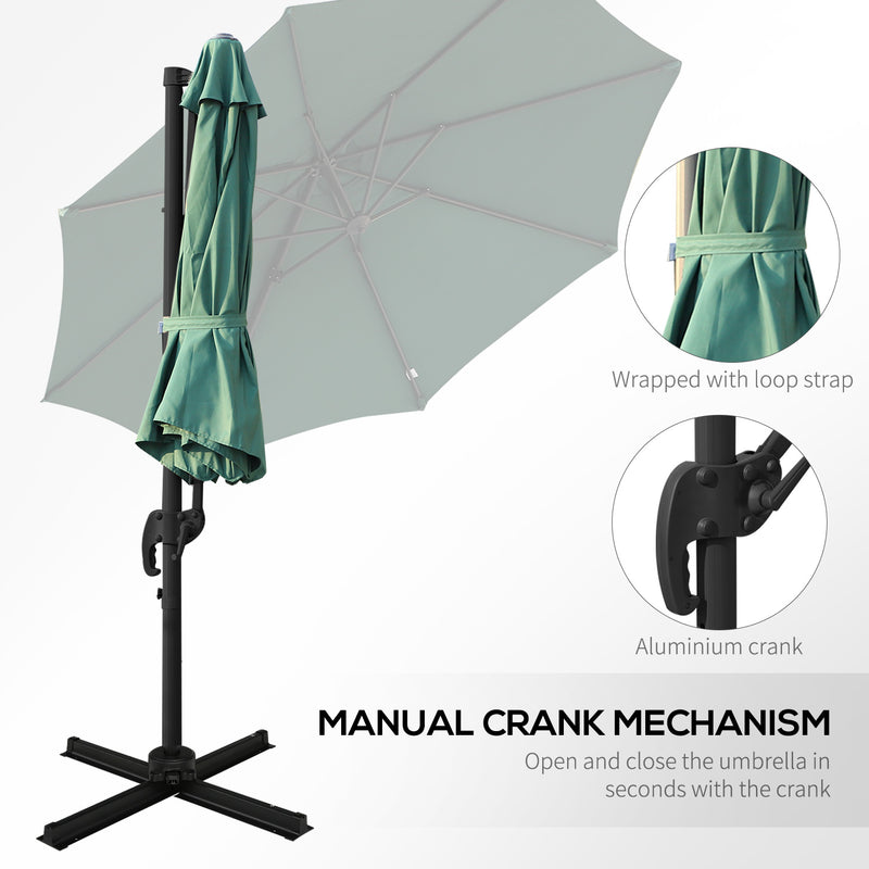 3m Patio Offset Roma Parasol Cantilever Hanging Sun Shade Canopy Shelter 360° Rotation with Cross Base - Green