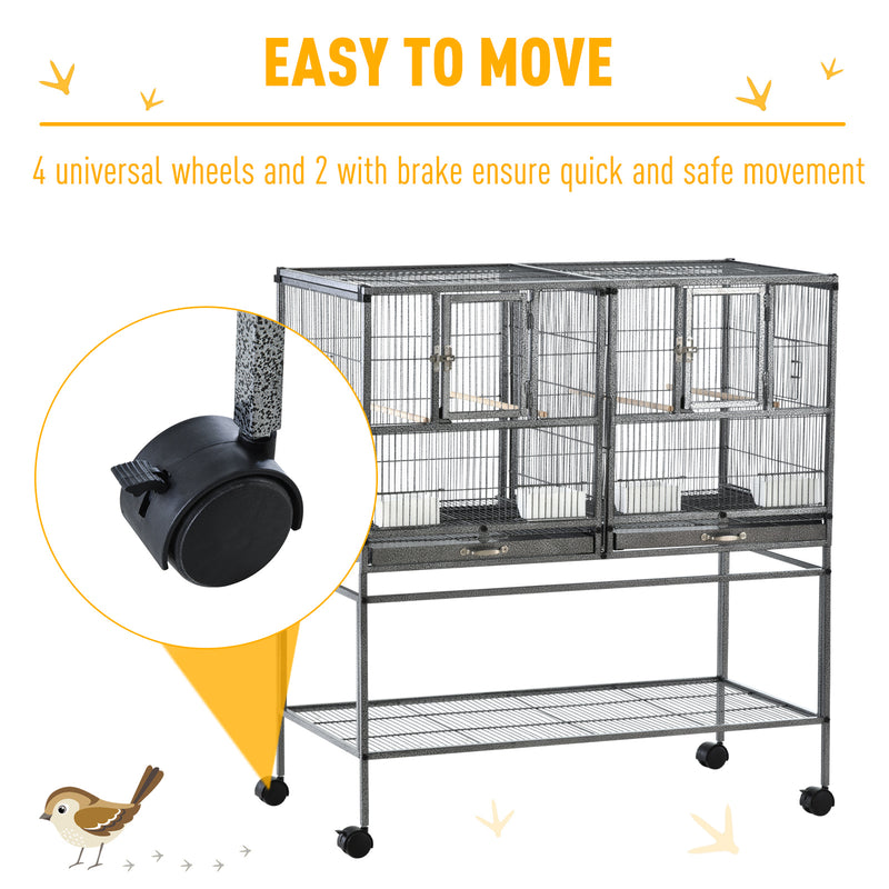Double Rolling Metal Bird Cage Parrot Cage with Removable Metal Tray, Storage Shelf, Wood Perch, and Food Container