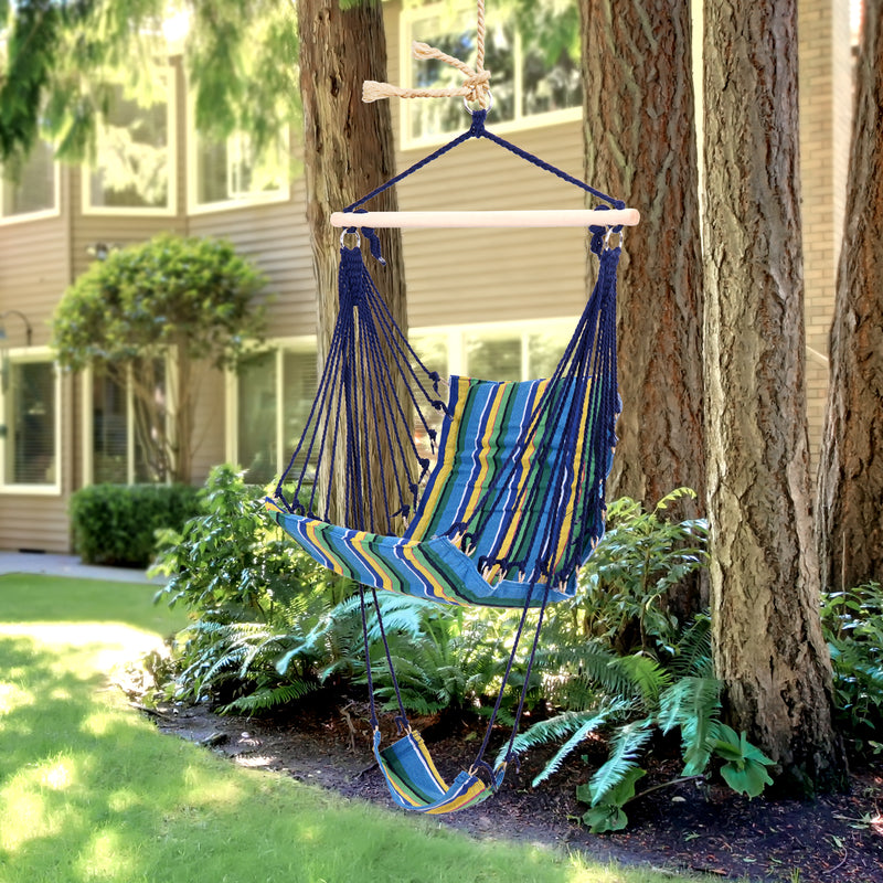 Outdoor Hammock Hanging Rope Garden Yard Patio Swing Chair Seat Woodenwith Footrest Cotton Cloth Blue Stripe