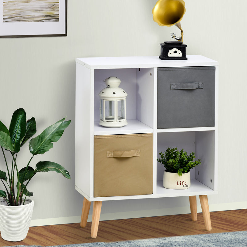 Freestanding 4 Cube Storage Cabinet Unit w/ 2 Fabric Drawers Handles Home Office Organisation Shelves Furniture 54.5L x 24W x 69.5H cm