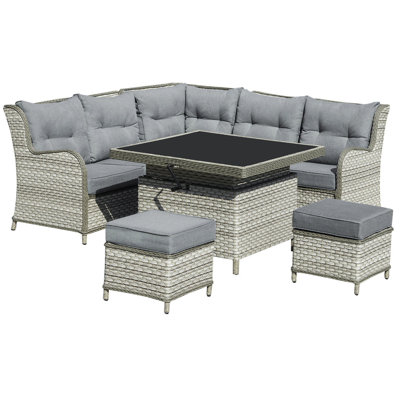 7-Seater Patio PE Rattan Corner Sofa w/ Adjustable Convertible Rising Table, Wicker Sectional Conversation Furniture w/ Cushions, Grey