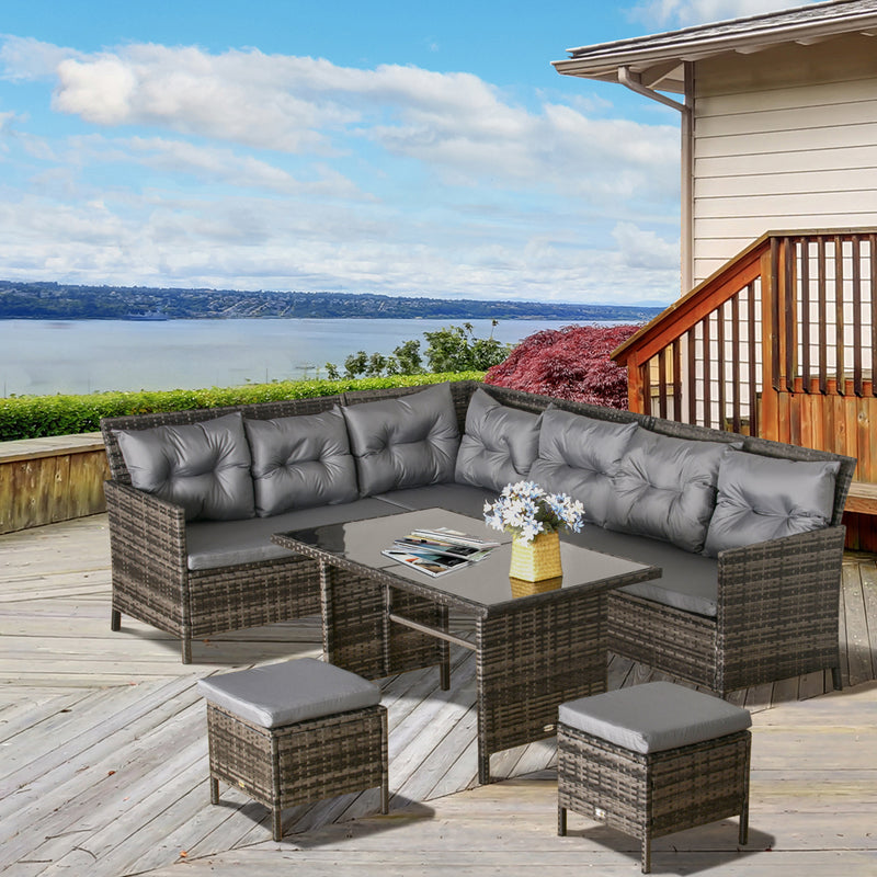 8-Seater Garden Rattan Corner Dining Sofa Set Outdoor Wicker Conservatory Furniture Lawn Patio Coffee Table Foot Stool w/ Cushion, Grey