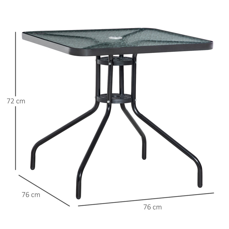 Square Patio Table, Tempered Glass Top Bistro Table, Garden Dining Table, Outdoor Accent Coffee Table 76 x 76cm Steel Frame w/ Umbrella Hole