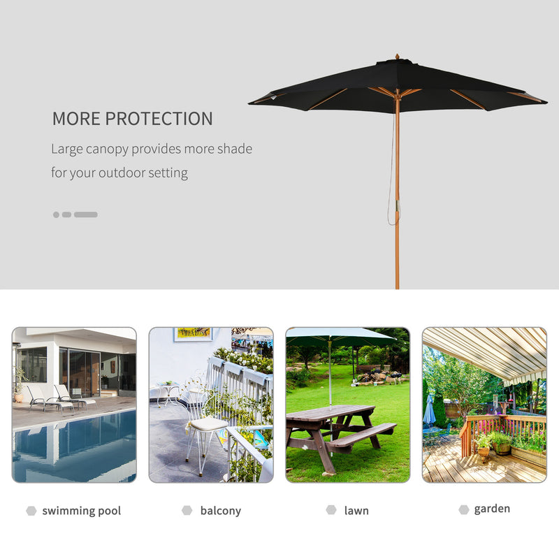 ⌀3m Bamboo Wooden Market Patio Umbrella Garden Parasol Outdoor Sunshade Canopy, 8-ribs,Black
