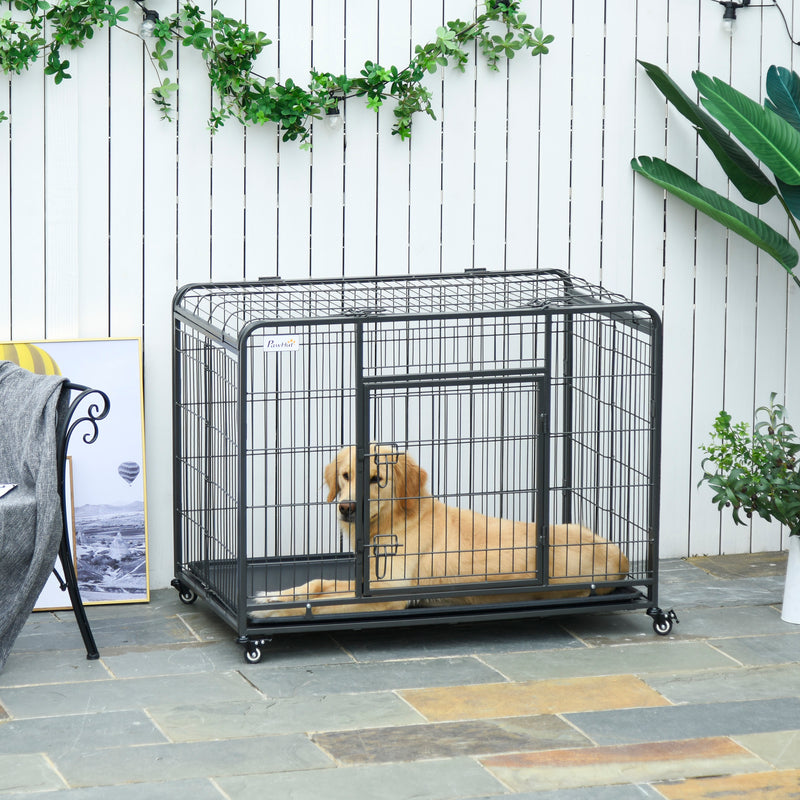 Heavy Duty Dog Crates Foldable Indoor Dog Kennel and Dog Cage Pet Playpen with Double Doors Removable Tray Lockable Wheels Openable Top