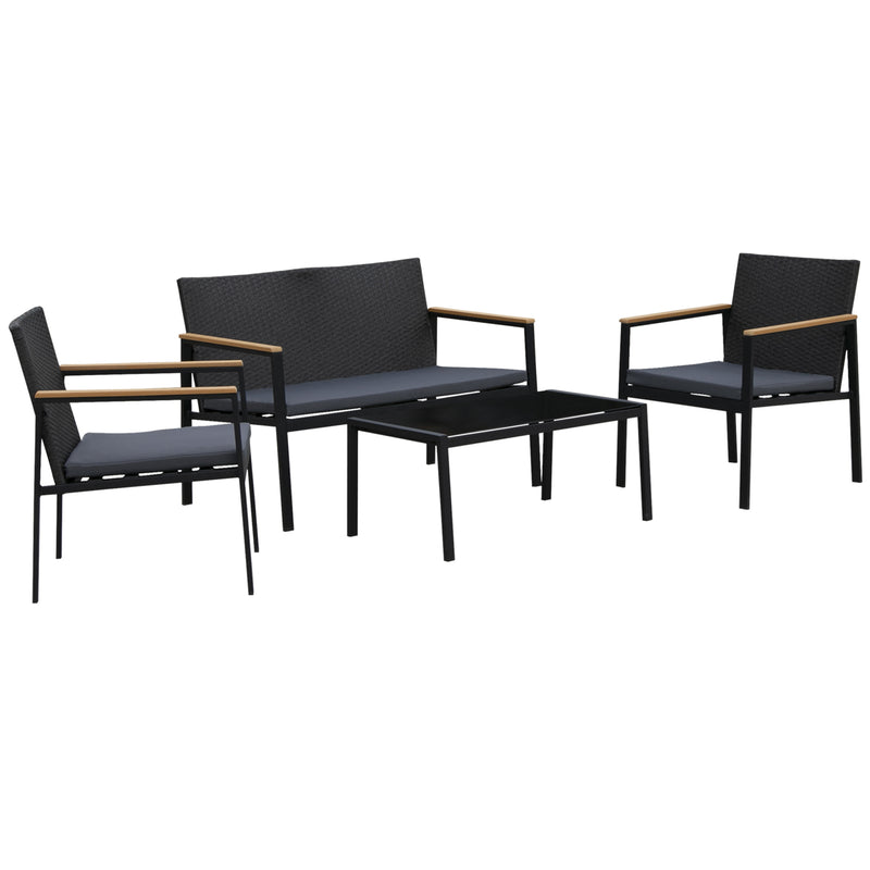 4PC Rattan Garden Furniture Set 2 Single Sofa Arm Chairs 1 Bench Loveseat with Cushions & Coffee Table Patio Backyard Wicker Weave