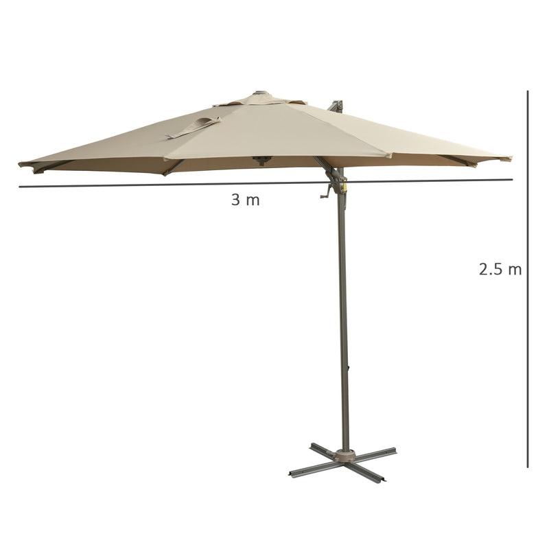 3M Cantilever Patio Parasol Roma Umbrella Hanging Sun Shade Canopy Cover Tilt Crank 360 Degree Rotating System Khaki