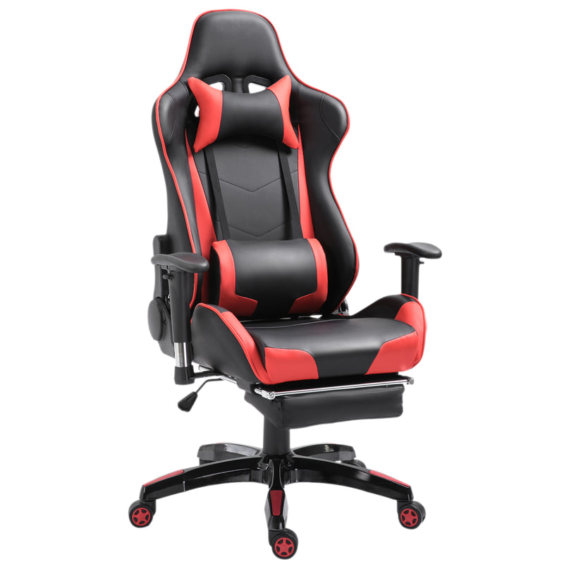 High-Back Gaming Chair Swivel Home Office Computer Racing Gamer Recliner Chair Faux Leather with Footrest, Wheels, Red Black