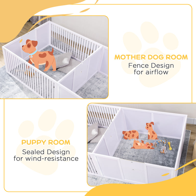 7 Panels Playpen with 3 Doors for Baby Dogs, Two-Room Design Puppy Whelping Box - White