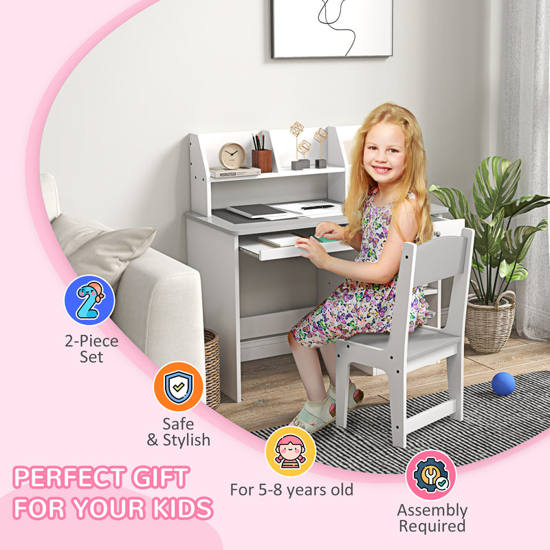 Kids Desk and Chair Set with Storage for 5-8 Year Old, 2 Pieces Childrens Table and Chair Set, Grey