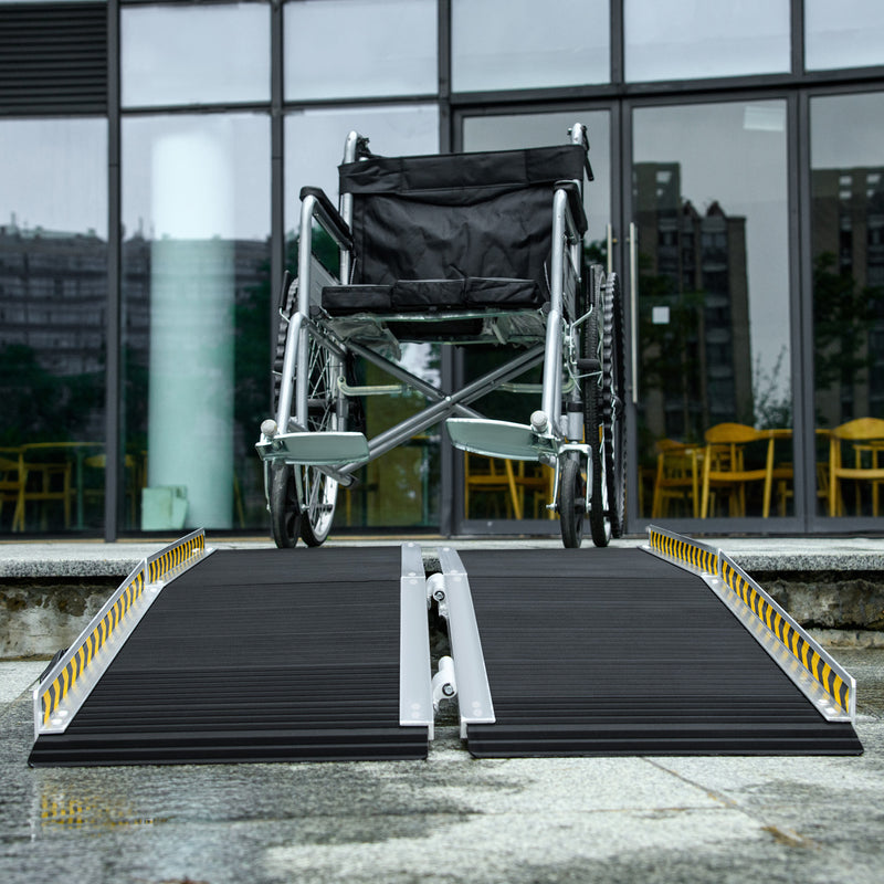 Wheelchair Ramp, 152L x 73Wcm, 272KG Capacity, Folding Aluminium Threshold Ramp w/ Non-Skid Surface, Transition Plates Above & Below for Steps